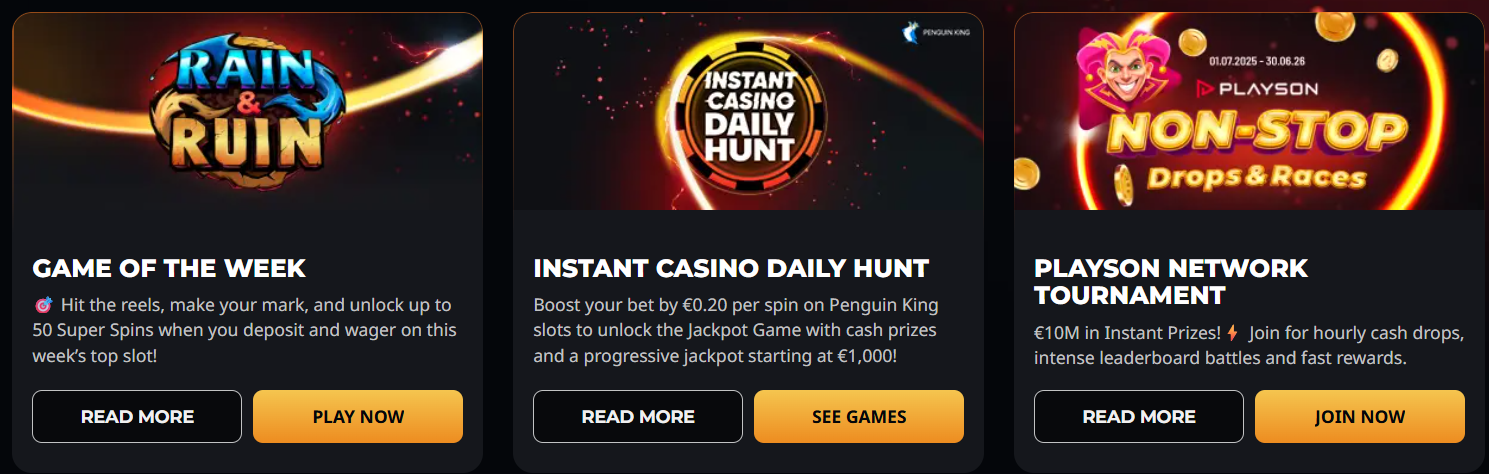 Casino promotions section featuring game of the week, daily hunt rewards, and network tournaments with big prizes and engaging CTAs.
